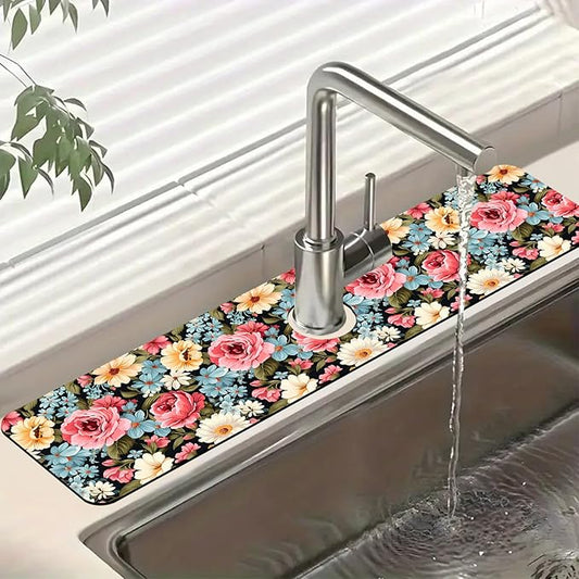 Colorful Flowers Sink Faucet Absorbing Mat Vintage Floral Super Absorbent Fast Drying Mat Sink Gadgets Behind Faucet Sinkmat for Kitchen Bathroom, 23.5"x5.5"