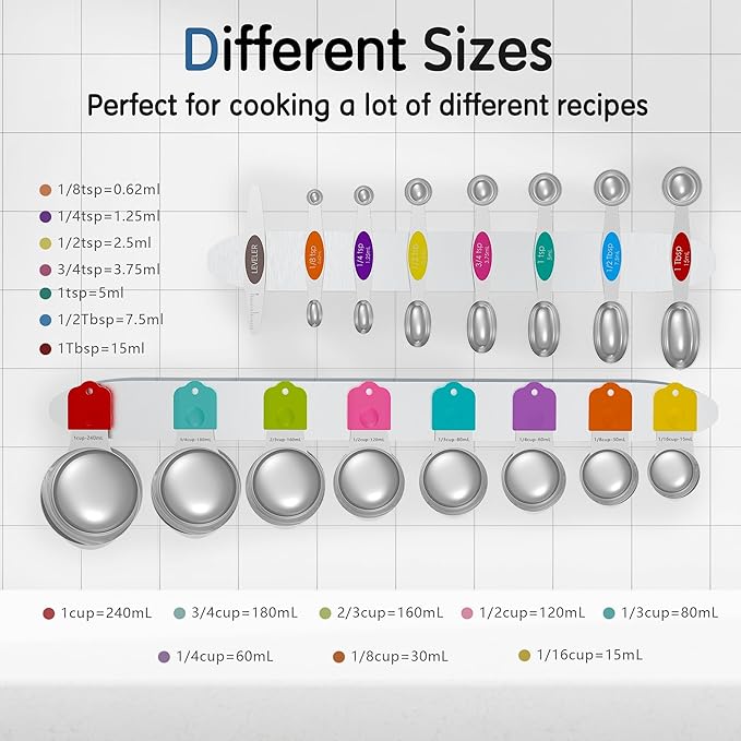 Minteem Magnetic Measuring Cups and Spoons Set, 6 Nesting Stainless Steel Measuring Cup Set with Easy to Read Markings, 7 Magnetic Measuring Spoons & 1 Leveler for Measuring Dry or Liquid Ingredients