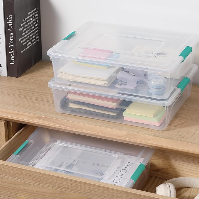 novelinks Clear Stackable Storage Bins with lid Storage Boxes Durable Plastic Organizer Containers for Home Office, Kitchen, Craft Supplies (10 Quart 4 Pack Green)