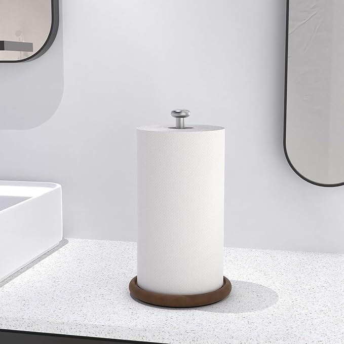 VEHHE Wooden Paper Towel Holder Countertop with Weighted Base, One-Handed Tear Paper Towel Holder Stand with Damping Function and EVA Non-Slip Pad, for Kitchen Bathroom Farmhouse