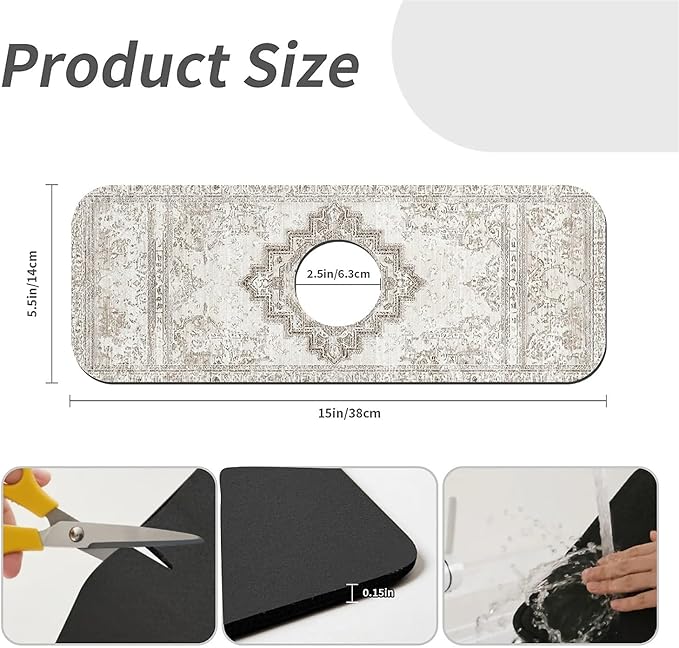 Kitchen Sink Splash Guard，Beige vintage Bohemian Faucet Mat Sink Gadgets-Super Absorbent Fast Drying Mat Drip Catcher for Kitchen, Bathroom,Sink Mat, Dish Drying Mat, Bathroom(15" X 5.5" )