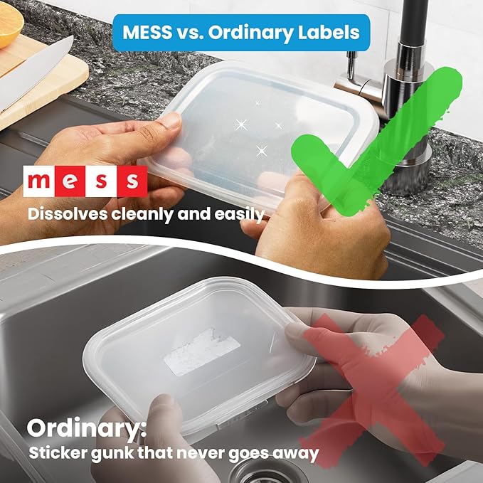 MESS Dissolvable Freezer Labels – 500/Roll Blank Removable Labels for Containers, Food Storage, Bottles, Jars, and Freezer Use (500, 1x2)