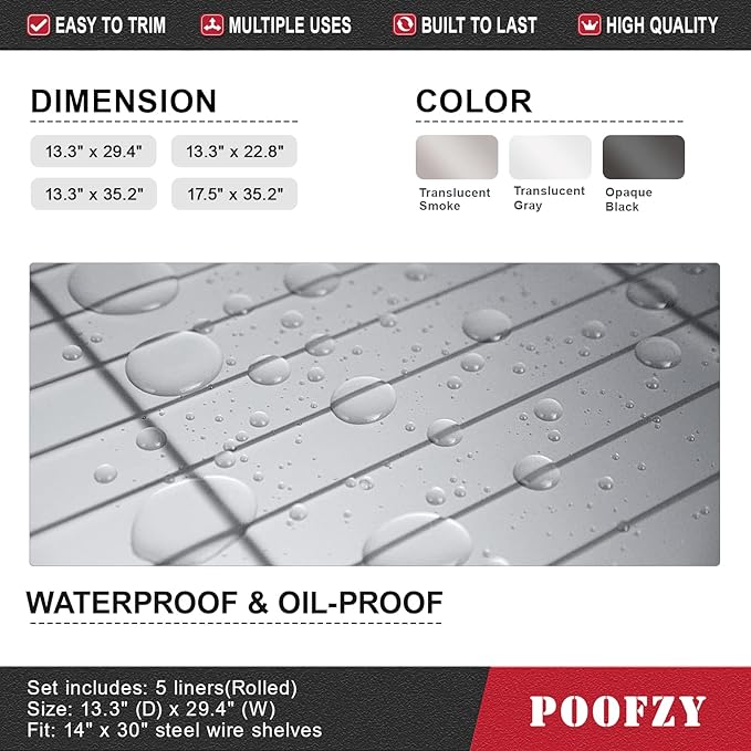 Poofzy Wire Shelf Liner 14" X 36", Non-Adhesive Plastic Shelf Liners for Wire Shelving, Waterproof Protector Mats (4PK, Clear)