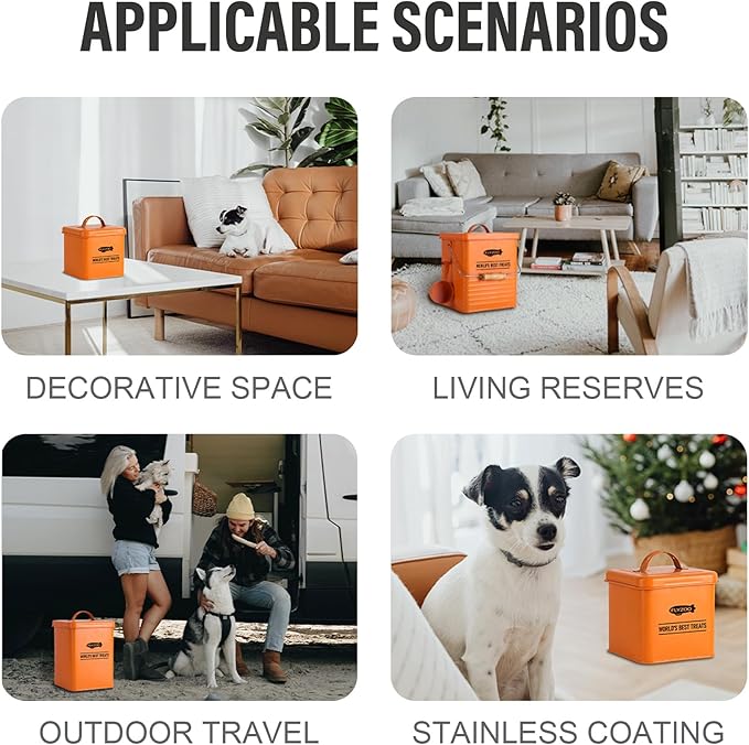 Dog and Cat Food Metal Storage Container Set, Farmhouse Pet Food Storage Containers with Lid and Dry Food Scoop (Orange)