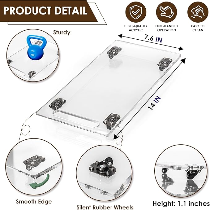 BEZONO 360° Sliding Tray for Coffee Maker & Kitchen Appliances - Silent Rubber Wheels, Clear Acrylic Organizer Tray for Under Cabinet - Space Saving Countertop Accessory, 7.6x14 Inch (Clear)