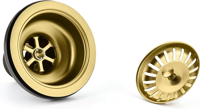 Black/Gold/Chrome Kitchen Sink Drain Assembly Replacement Kit,for Standard 3-1/2 Inch Kitchen Sinks,with Removable Basket Strainers Stopper Plug, with 1-1/2 Lock Nuts,Nicmondo (Gold)