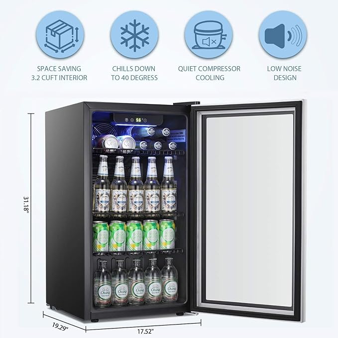 Antarctic Star Beverage Refrigerator Cooler -120 Can Mini Fridge Glass Door for Soda Beer or Wine Constant Glass Door Small Drink Dispenser Clear Front for Home, Office Bar 3.2cu.ft