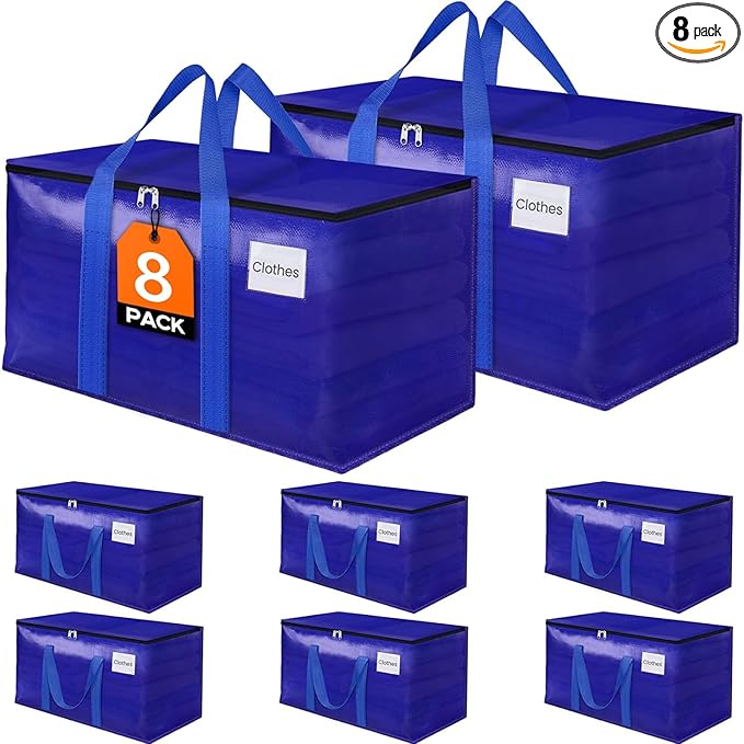 8 Pack Moving Storage Bags Heavy-Duty with Zippers and Reinforced Handles, Moving Supplies Packing Boxes for Moving, Storing, Saving Space, Blue Plastic Storage Totes 93 L(24 Gallon)