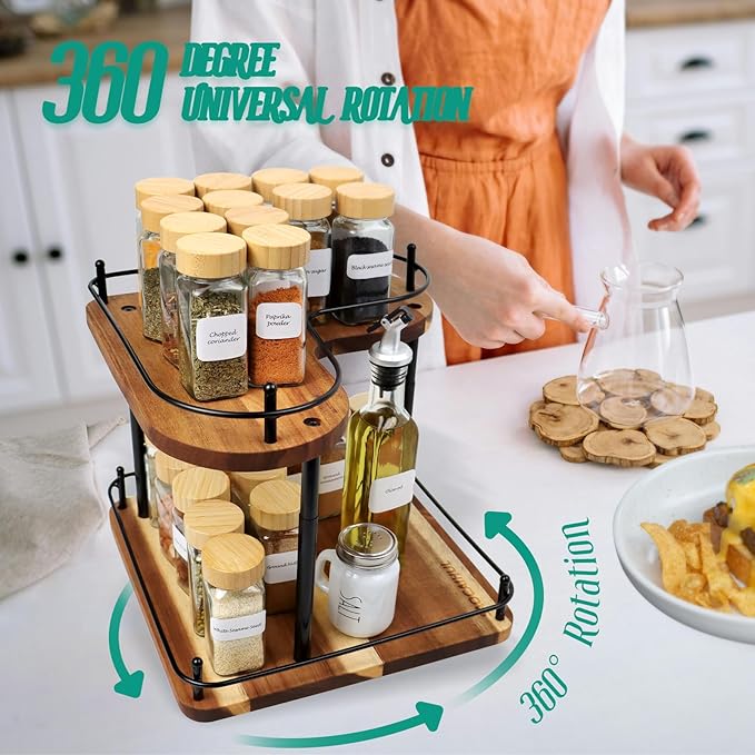 SAOCAIHUL Acacia Wooden Spice Rack Organizer Lazy Susans Rotating Countertop 2 Tiered Display Shelf Kitchen Adjustable Height Spinning Spice Rack 11.8INCH Large Capacity