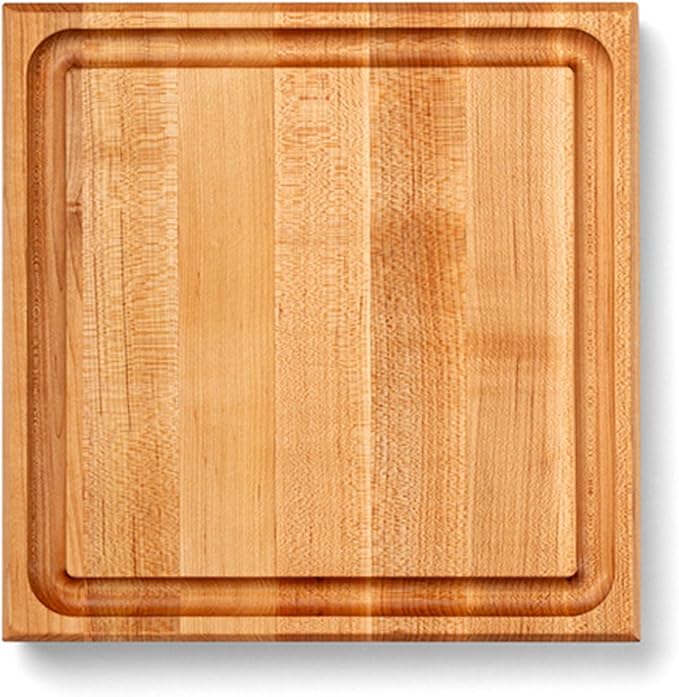 John Boos CB Series Square Wooden Maple Cutting Board 12”x12” – 1.75” Thick, 7-lb Reversible Butcher Block with Juice Groove, Edge-Grain & Finger Grips – Made in the USA