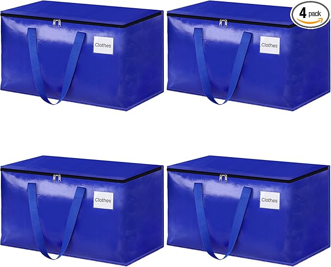 HomeHacks Moving Bags Heavy Duty with Strong Zippers and Handles Collapsible Moving Supplies, Storage Totes for Packing & Moving Storing 93L,4-Pack, Blue