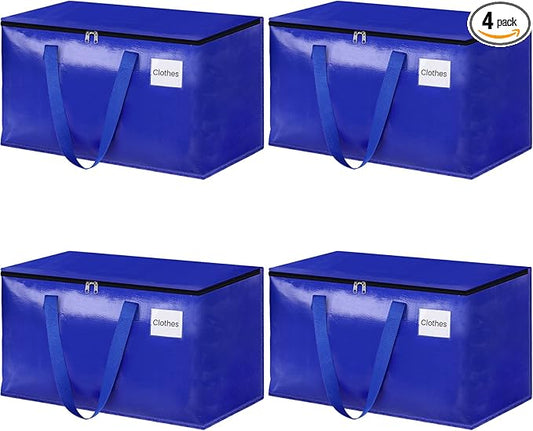 HomeHacks Moving Bags Heavy Duty with Strong Zippers and Handles Collapsible Moving Supplies, Storage Totes for Packing & Moving Storing 93L,4-Pack, Blue
