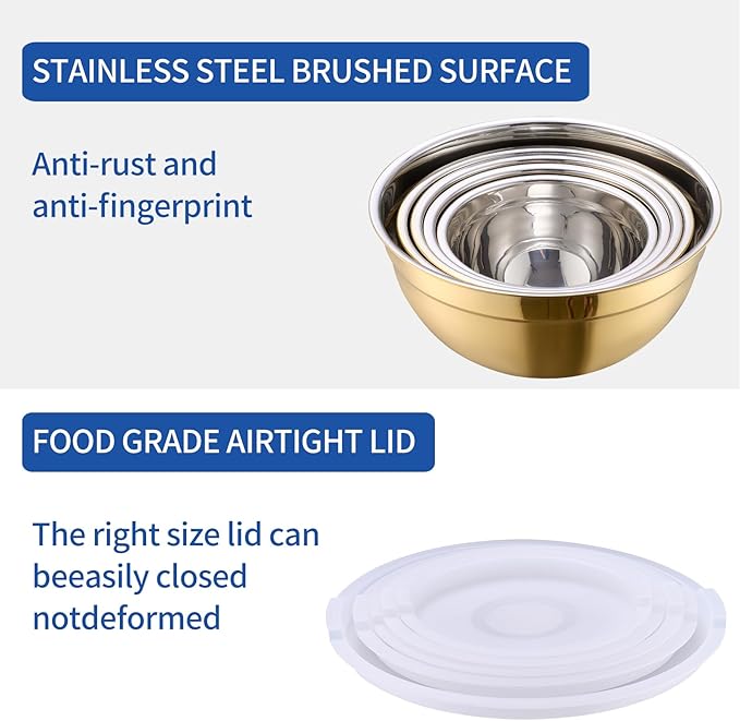 Onlycooker Gold Mixing Bowls With Airtight Lids,Stainless Steel Bowl,Salad Bowls 5 Piece Colorful Nesting Bowl Gold Kitchen Accessories,Size 5.5,3.6,2.7,2.1,1.5QT Stackable Design