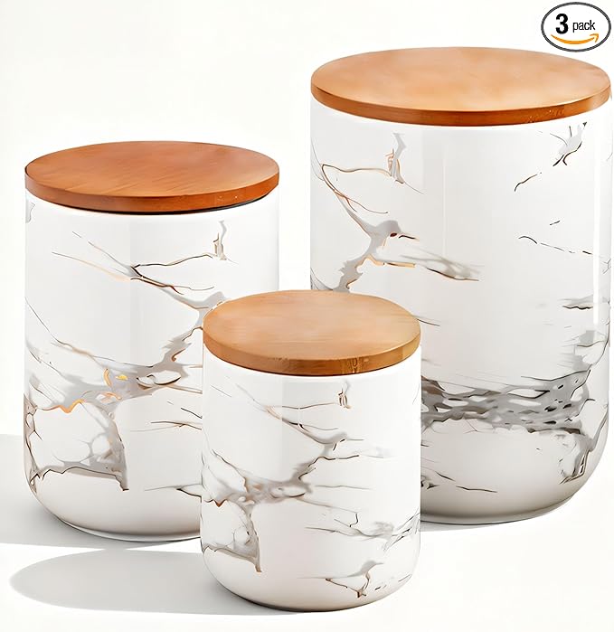 JOJUNO White Ceramic Canister Set with Bamboo Lid – 3-Piece Airtight Food Storage Jars for Kitchen Counter – Glossy Marble Design, Ideal for Flour, Sugar, Coffee, Tea, Spice – Small, Medium, Large