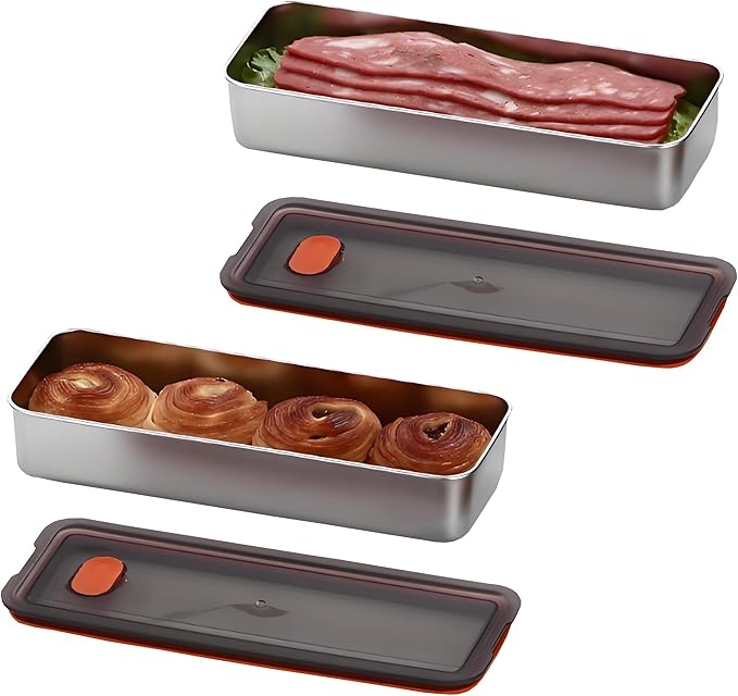 2Pack Food Storage Container,Deli Meat Container with Lid,Bacon Container for Refrigerator,304 Stainless Steel Bacon Storager,Cheese Holder for Fridge,Dishwasher Safe Fruit Storage Containers