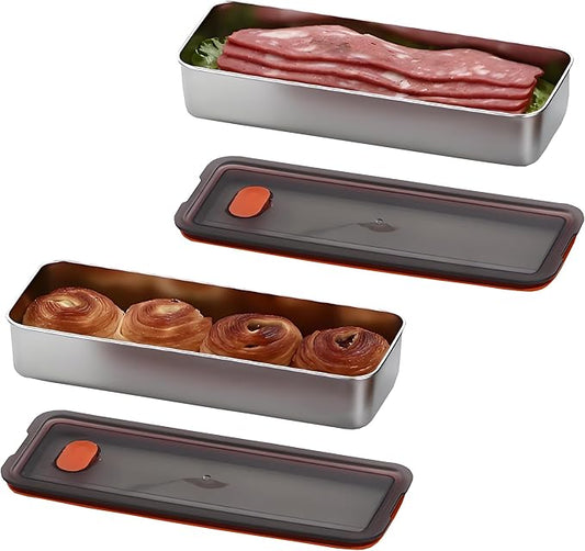 2Pack Food Storage Container,Deli Meat Container with Lid,Bacon Container for Refrigerator,304 Stainless Steel Bacon Storager,Cheese Holder for Fridge,Dishwasher Safe Fruit Storage Containers