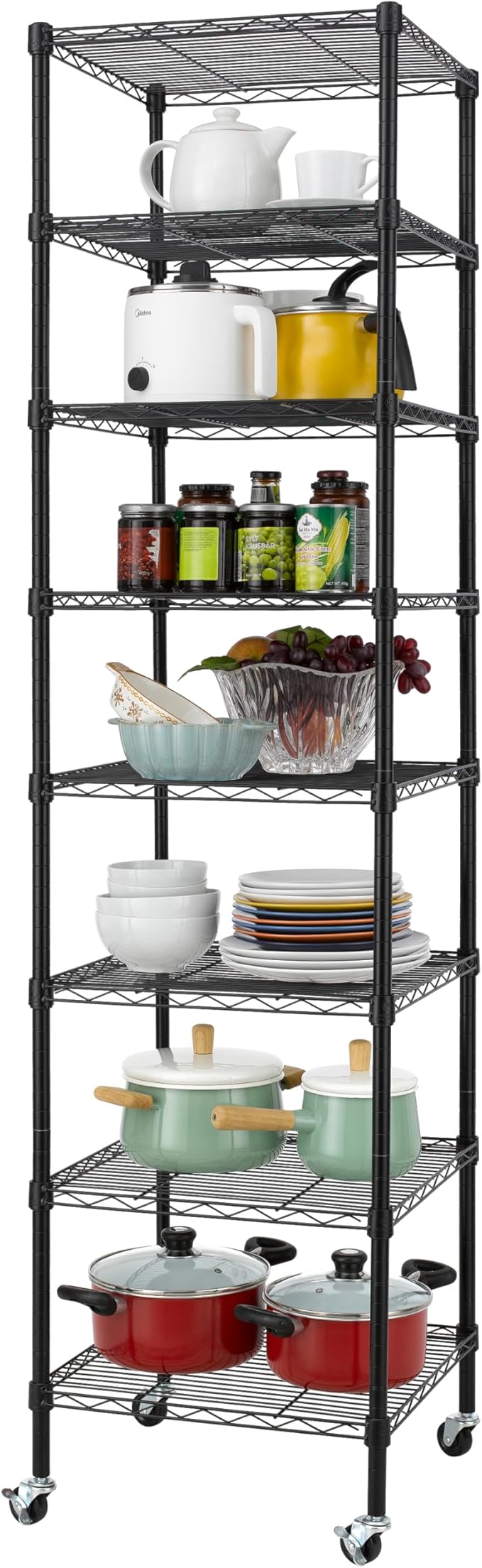 Finnhomy Heavy Duty 8 Tier Wire Shelving with Wheels 18x18x72.8-inches 8 Shelves Metal Storage Rack Thicken Steel Tube, Pantry Shelves for Storage, Adjustable Shelving Unit, NSF Certified, Black