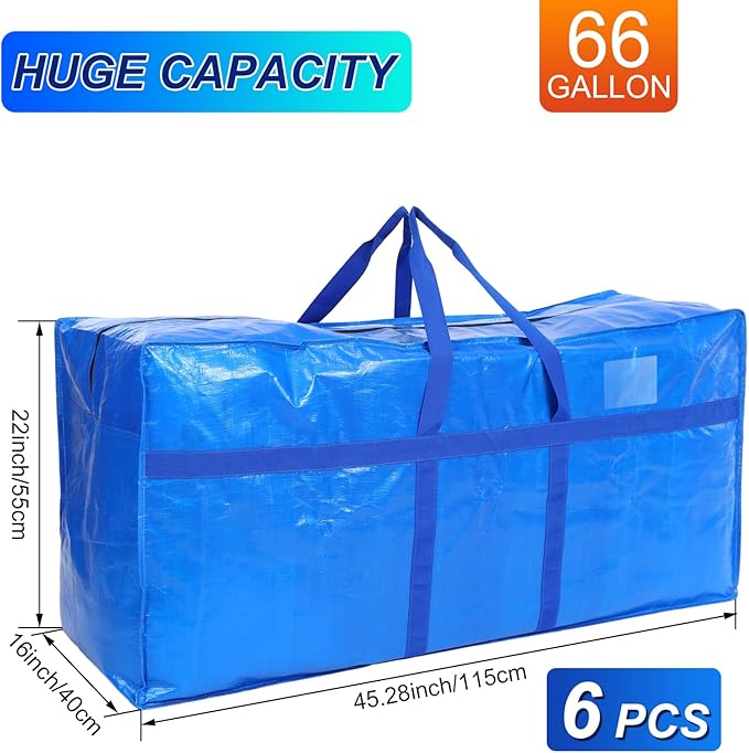 6 Pcs 66 Gallon Extra Large Moving Bags Heavy Duty Storage Bag with Strong Zipper Handle Foldable XXL Jumbo Storage Tote Packing Moving Box for College Dorm Travel Cloth Duffle (Blue)