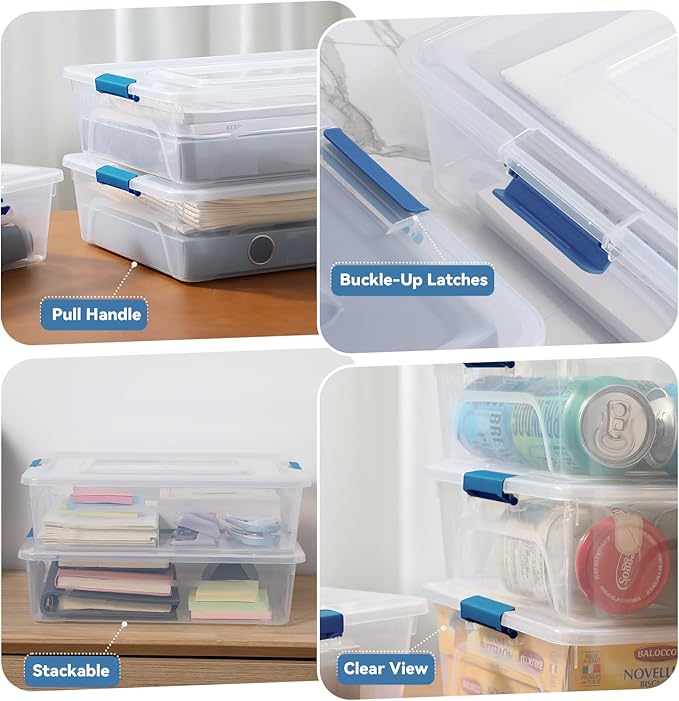 novelinks Clear Stackable Storage Bins with lid Storage Boxes Durable Plastic Organizer Containers for Home Office, Kitchen, Craft Supplies (10 Quart 4 Pack Blue)