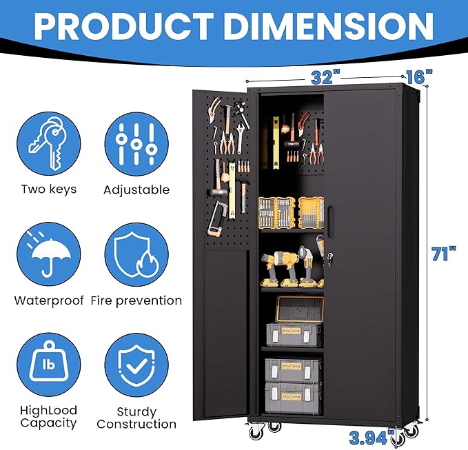 BIZOEIRON Garage Metal Storage Cabinet with Pegboard, 71'' Tall Storage Cabinet with Adjustable Shelves and Doors, Rolling Tool Cabinet on Wheels for Garage, Utility Room (Black)