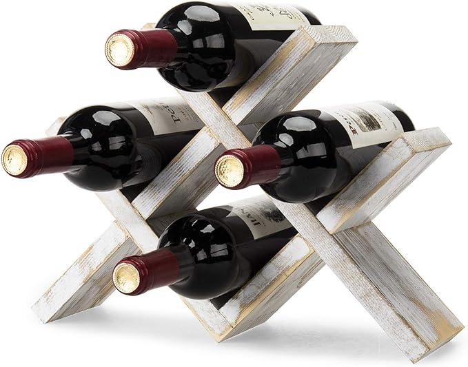 MyGift 4-Bottle Whitewashed Rustic Wood Wine Rack - Farmhouse X-Design Countertop Storage, Compact for Kitchen, Bar, Coffee Station (Holds 750ml Bottles, Easy Clean)