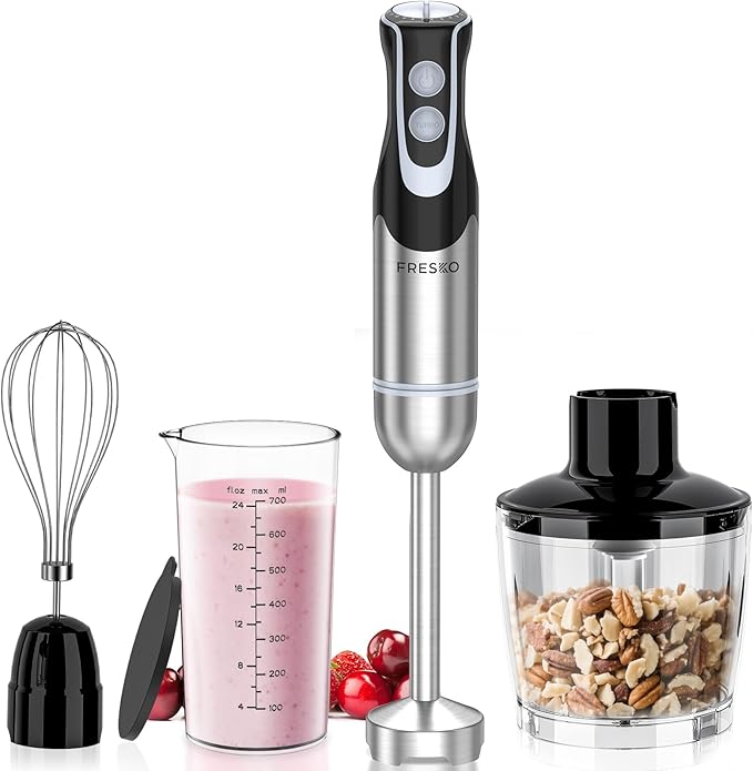 FRESKO Immersion Blender Handheld, 4-in-1 Stainless Steel Hand Electric Stick Mixer with 12-Speeds & Turbo Mode, Powerful 500W Emulsion Blender with Beaker, Chopper & Whisk