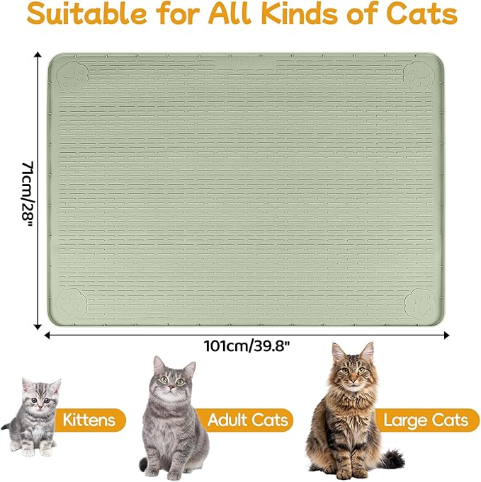 Lanstics Cat Food Mat, 40" x 28" Large Silicone Mat Cat Feeding Mat with Raised Edge Non-Slip Pet Feeding Mat for Food and Water Bowl, Easy to Clean, Floor Protection (Green)