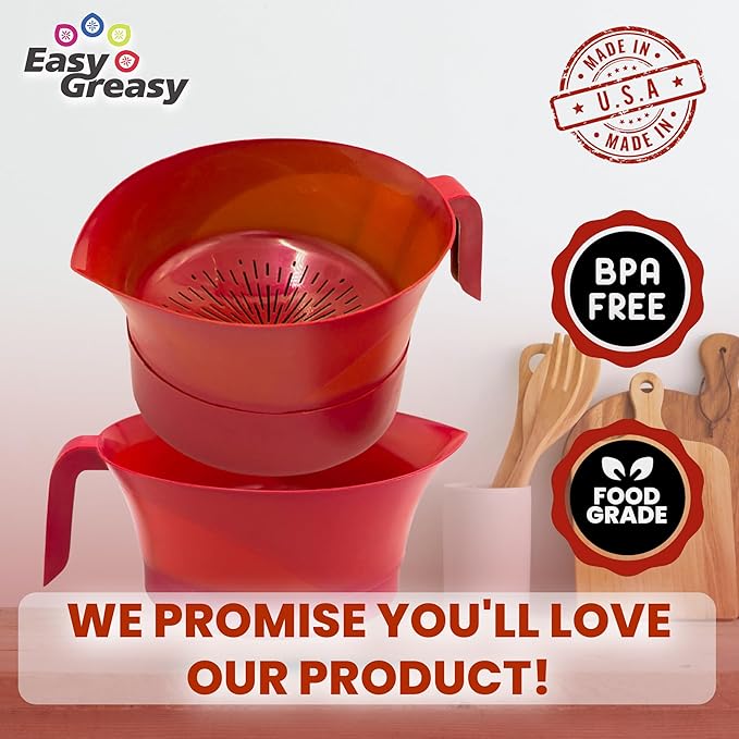 Easy Greasy Colander Grease Strainer With Handle And Container, Catch Bowl With Lid 3 Piece Strain Set | Strains Ground Beef, Bacon & Pasta | Safe Kitchen Gadget BPA Free | Made In The USA (Red)