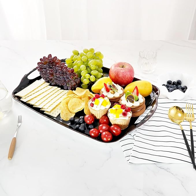TP Large Serving Trays with Handles, 19" x 12" Melamine Serving Platters for Food, Turkey, Set of 2 Rectangular Trays for Party, Retro Black