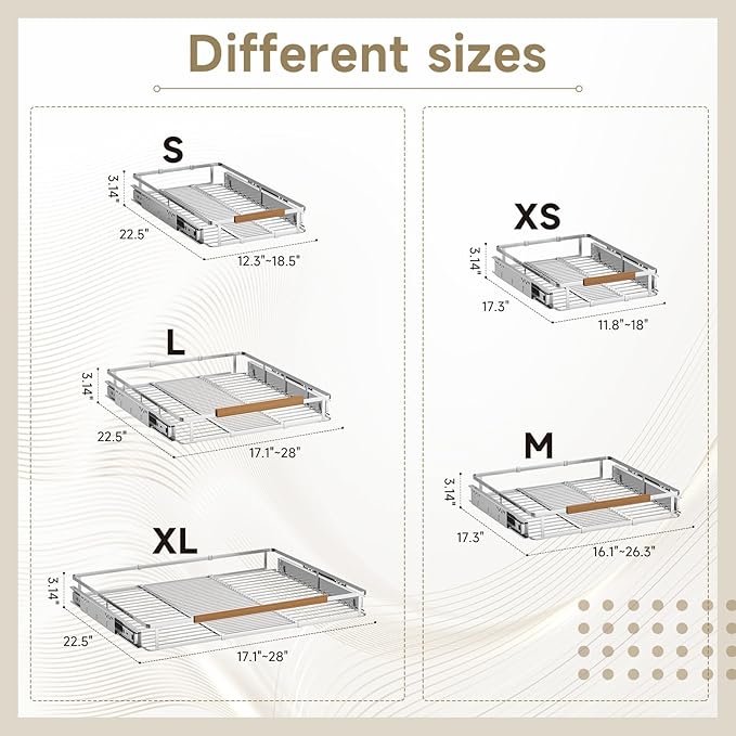 taiheis 1 Pack Expandable Pull Out Cabinet Organizer，Side Mounting 12.3~18.5"x22.5"Cabinet Pull Out Shelves, Expandable Slide Out Spice Rack for Kitchen Bathroom Office