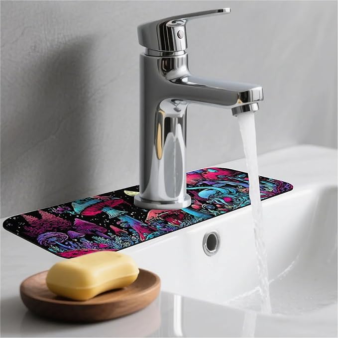 Kitchen Sink Splash Guard，Magical mushrooms plants Faucet Mat Sink Gadgets-Super Absorbent Fast Drying Mat Drip Catcher for Kitchen, Bathroom,Sink Mat, Dish Drying Mat, Bathroom(15" X 5.5" )