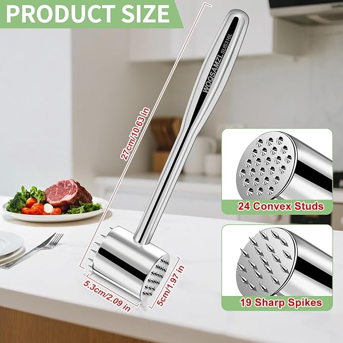 Real 316L Stainless Steel Meat Tenderizer Mallet Hammer,2-in-1 Professional Meat Tenderizer tool,Sharp Spikes for more Flavor,Commercial Grade Kitchen Mallet Pounder,Heavy Duty 1.09lb,Dishwasher Safe