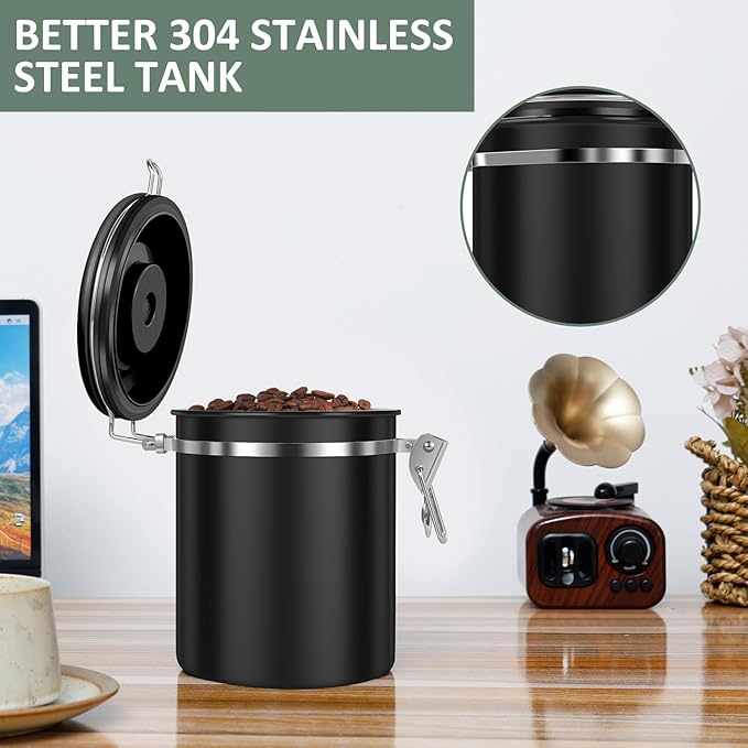 3PCS Coffee Storage Canister 1.5L 51OZ Double Airtight Coffee Beans Container with Date Locator 304 Stainless Steel Kitchen Food Storage Container with Spoon for Tea Sugar