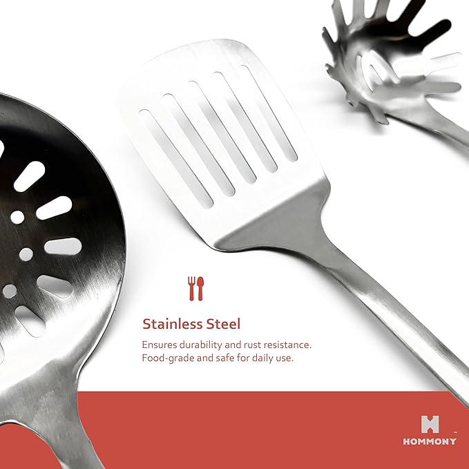 Hommony Cooking Utensils Set, 8-Piece 304 Stainless Steel Kitchen Tool Sets with Holder, Wooden Handle Heat Resistant Kitchen Cookware Set, Gadgets Tools Set Gift