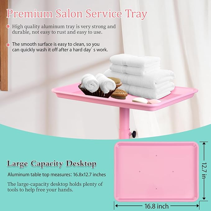 Salon Tray with Wheels,Height Adjustable Hair Color Service Tray for Spa,Tattoo,or Home Use,Pink
