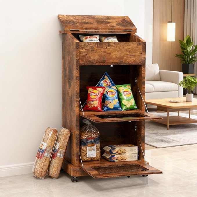 Potato and Onion Storage Bin Wooden Potato Storage Cabinets with Mesh Doors Vegetable Storage Bread Box with Lid Movable Fruit Basket with Wheels Decorative Vegetable Organization Cabinet for Kitchen