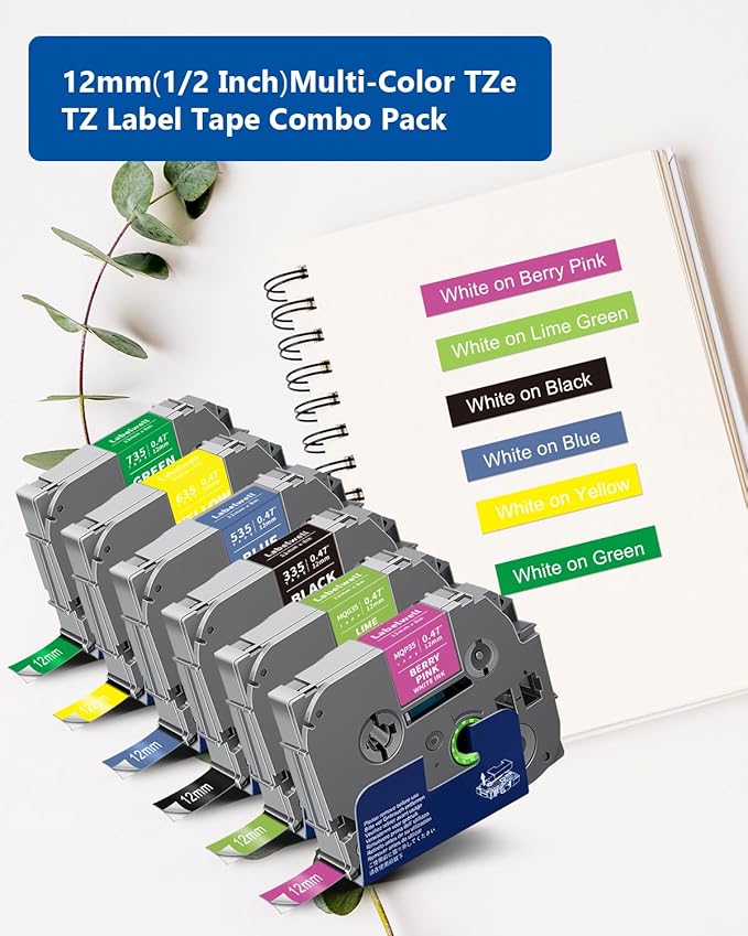 Labelwell 6-Pack Compatible TZe Label Tape 12mm 0.47 Laminated Multi-Color TZe-335 535 635 735 MQP35 MQG35 TZe-231 TZ Tape for PT-H110 D210 D220 D400, Black/Blue/Yellow/Green/Pink/Lime Green