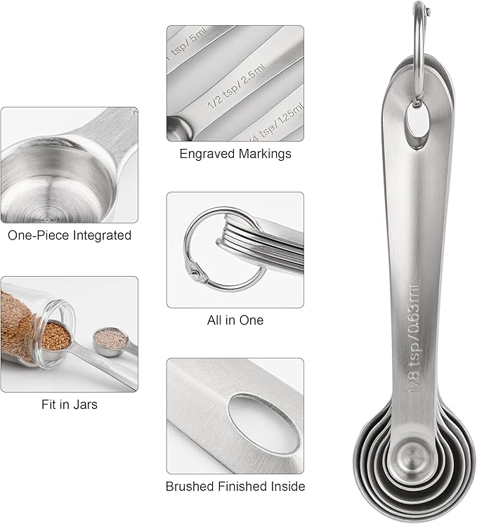 Viwehots Measuring Spoons Set 6 with Flat Bottom, 18/8 Stainless Steel Measuring Spoons Set for Dry & Liquid, Metric & US Markings Measuring Tools for Kitchen & Baking