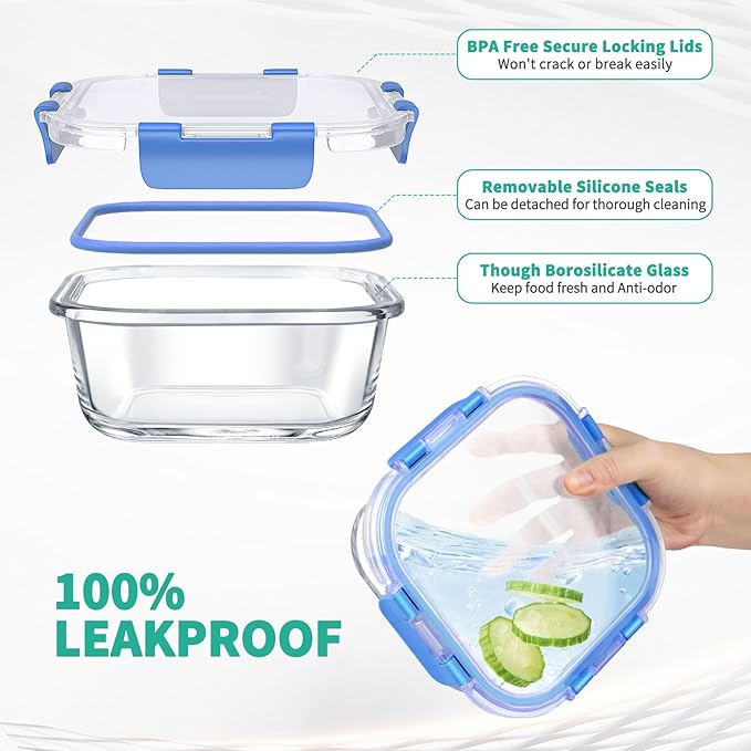 34pcs Glass Food Storage Containers with Lids Set, Airtight Glass Meal Prep Containers (17 Containers & 17 Lids), Leak Proof Lunch Container BPA-Free, Microwave, Oven, Freezer, Dishwasher Safe-Blue