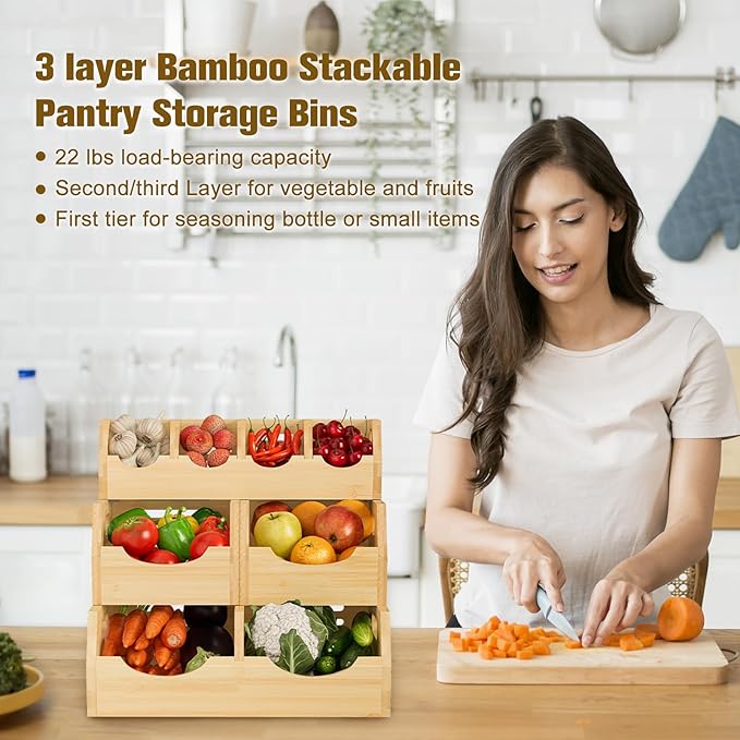 Upgraded 3 Tier Bamboo Pantry Storage Bins - Stackable Potato and Onion Storage Bin, Storage Baskets Airflow Vent Vegetable and Fruit Organizer with Handle, for Kitchen, Livingroom,Bathroom