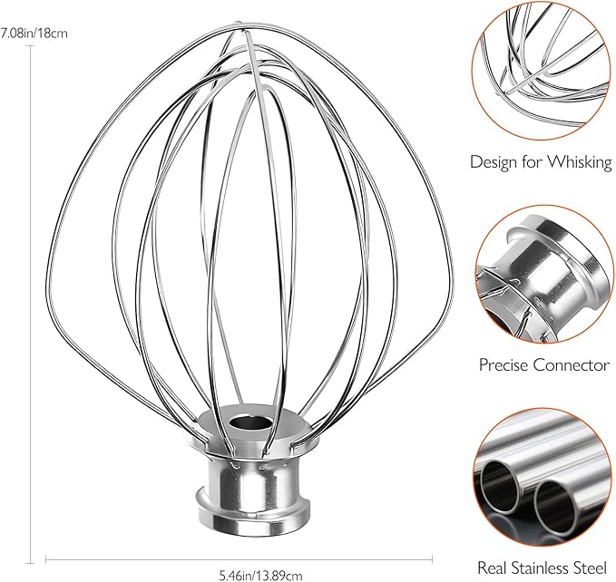 Stainless steel 6-wire mixer, kitchen aid whisk attachment, compatible with 5plus-6Quart Bowl lift Stand mixer, Food grade, suitable for mixing cream and cake, dishwasher washable
