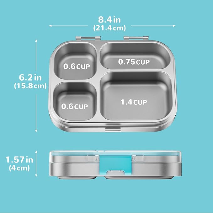 G.a HOMEFAVOR Stainless Steel Lunch Box - 4 Compartments Bento Box for Kids, Leakproof Metal Food Container for School, Office, Dishwasher Safe, Shatterproof, 27 oz, Blue