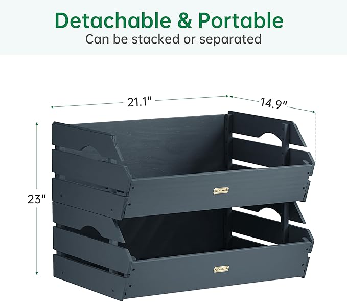 HABAU Potato Onion Storage Bin - Wood Stackable Produce Basket with Handles - Fruit and Vegetable Storage for Kitchen and Pantry Counter Organization - 2 Pack