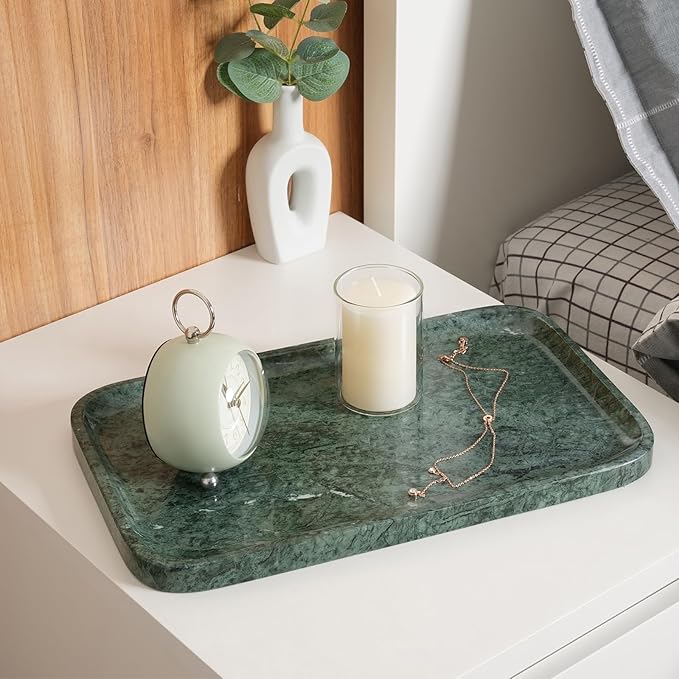 Karibiber Marble Vanity Tray, Bathroom Tray for Countertop, 14'' Green Decoration for Dresser Organizer, Large Serving for Kitchen, Marble Storage for Coffee Table, Perfume, Jewelry Holder