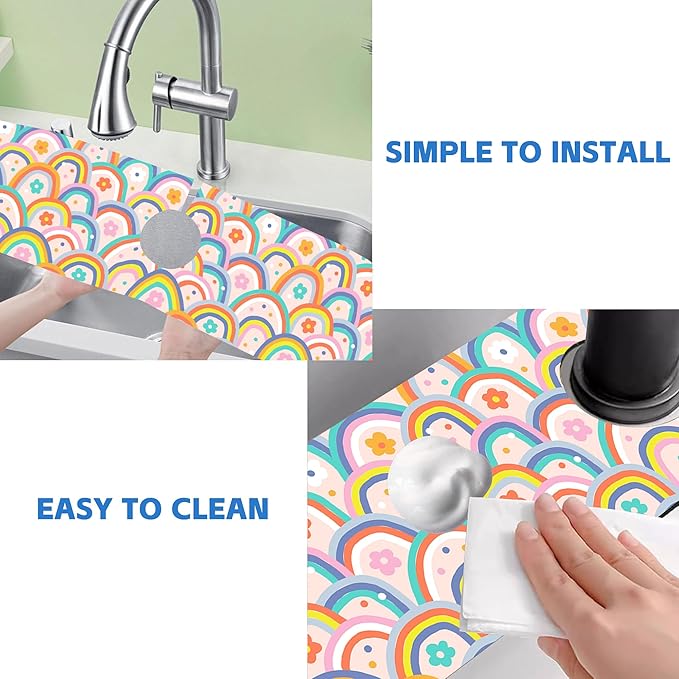 Boho Rainbow Hippie Floral Kitchen Sink Splash Guard Mat Absorbent Fast Drying Mat Faucet Draining Mat Sink Splash Guard Behind Faucet Drip Catcher for Kitchen Bathroom 5.5"×24"