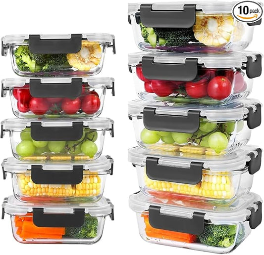 Glass Food Storage Containers with Lids – 10 Pack (2 Sizes: 1050ml & 370ml) | Airtight, Reusable Lunch Boxes, Leakproof, BPA-Free Meal Prep Containers for Kitchen,Dishwasher & Microwave