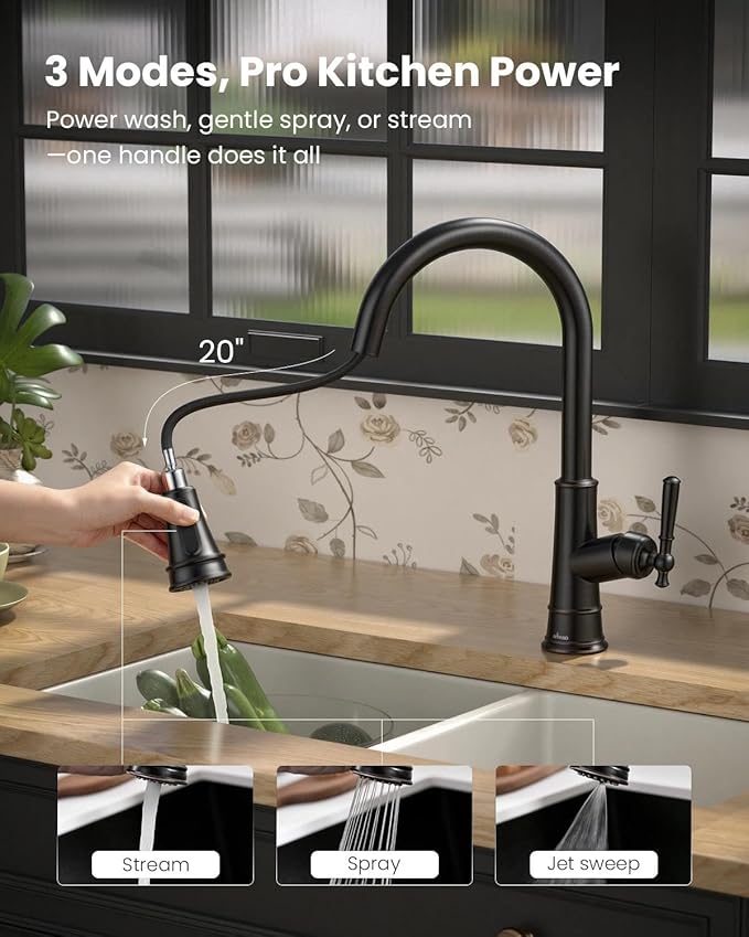 APPASO Bronze Kitchen Faucet with Pull Down Sprayer, Oil Rubbed Bronze Single-Handle High Arc Single Hole Pull Out Kitchen Sink Faucets (Patented Design), CUPC-Certified Pull-Out Hose