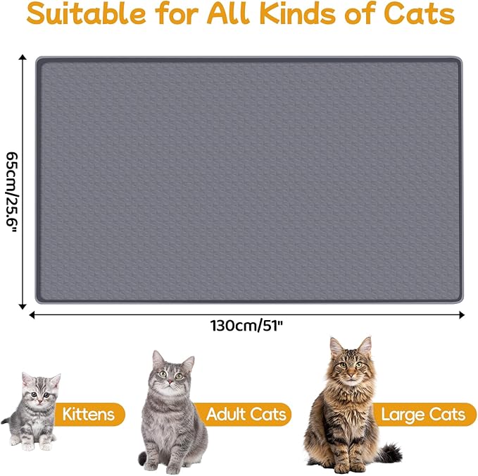 Lanstics Cat Food Mat, 51" x 26" Large Silicone Mat Cat Feeding Mat with Raised Edge Non-Slip Pet Feeding Mat for Food and Water Bowl, Easy to Clean, Floor Protection (Gray)