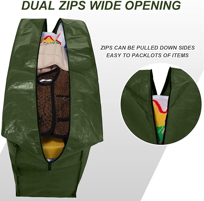 Windyun 4 Pack 57 Gallon Extra Large Moving Bags XXL Heavy Duty Storage Bag with Strong Zipper Handle Jumbo Big Tote Box Foldable for College Dorm Travel Clothes Duffle Blanket Pillow(Army Green)