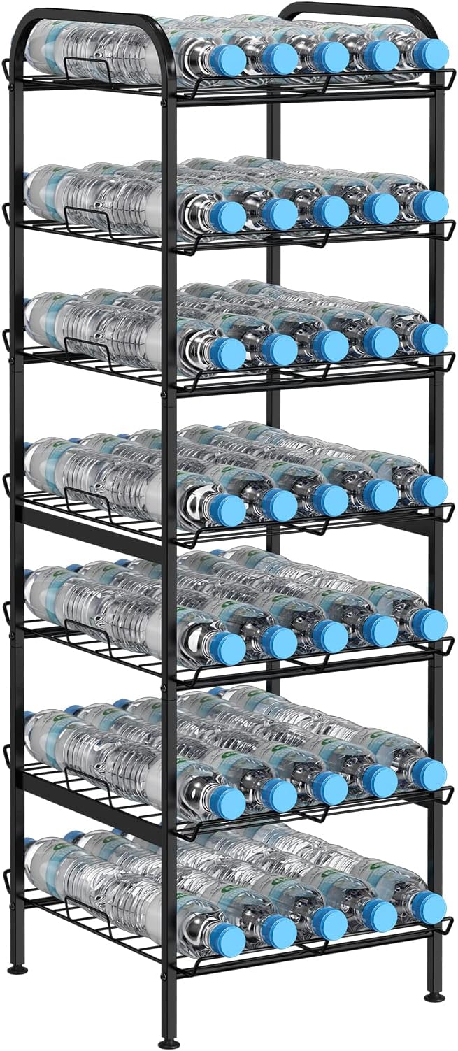 BTY Water Bottle Organizer 7 Tier Freestanding Water Bottle Storage Organizer Metal Bottle Rack Holder Stand Shelf for Kitchen Pantry Food Storage (Black)